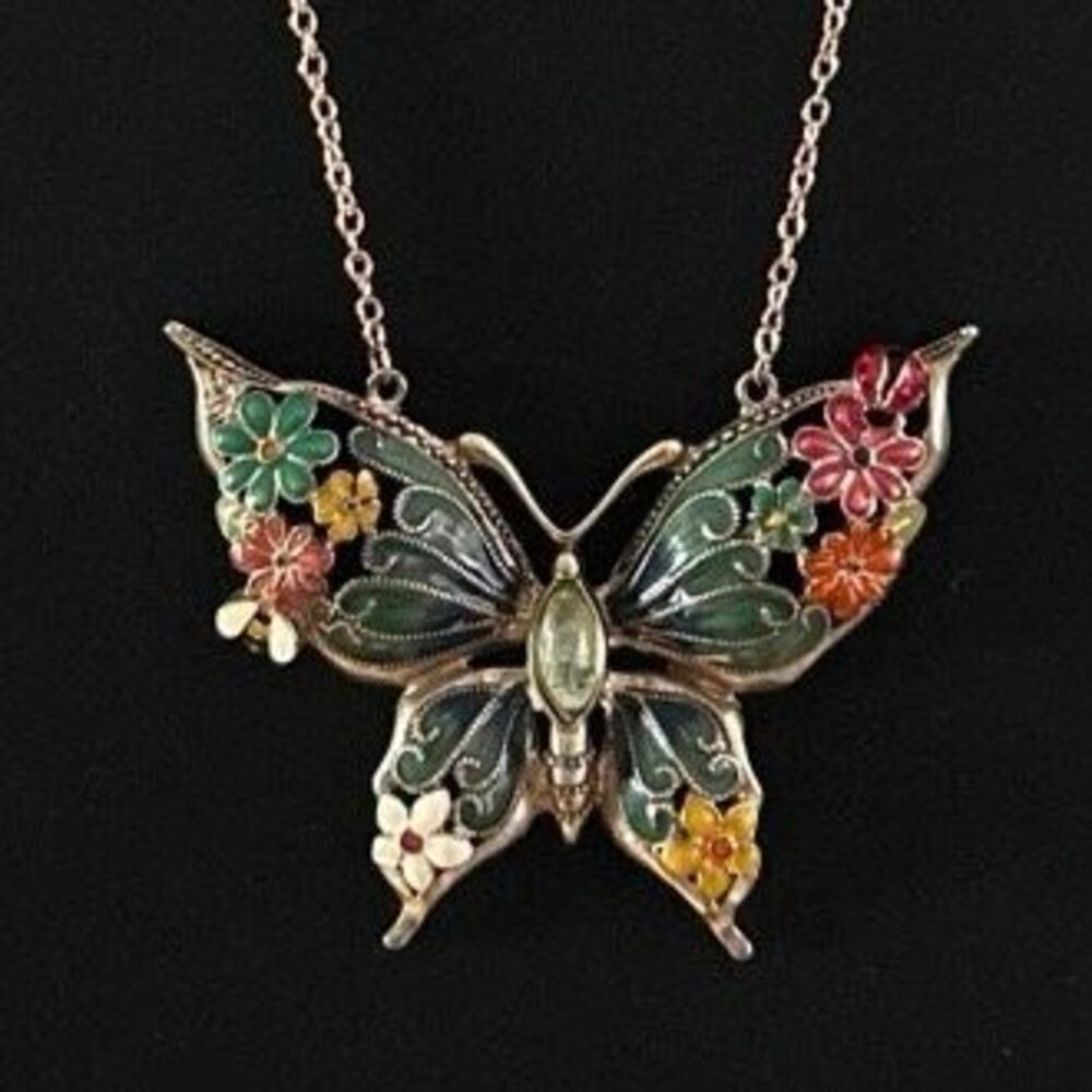 Betsey Johnson Butterfly Pendant Necklace 24" Gold-tone Enameled Hand-Painted - Picture 5 of 8